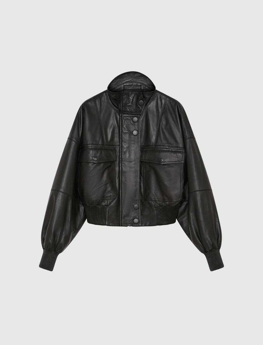 wattierte lederbomberjacke - schwarz