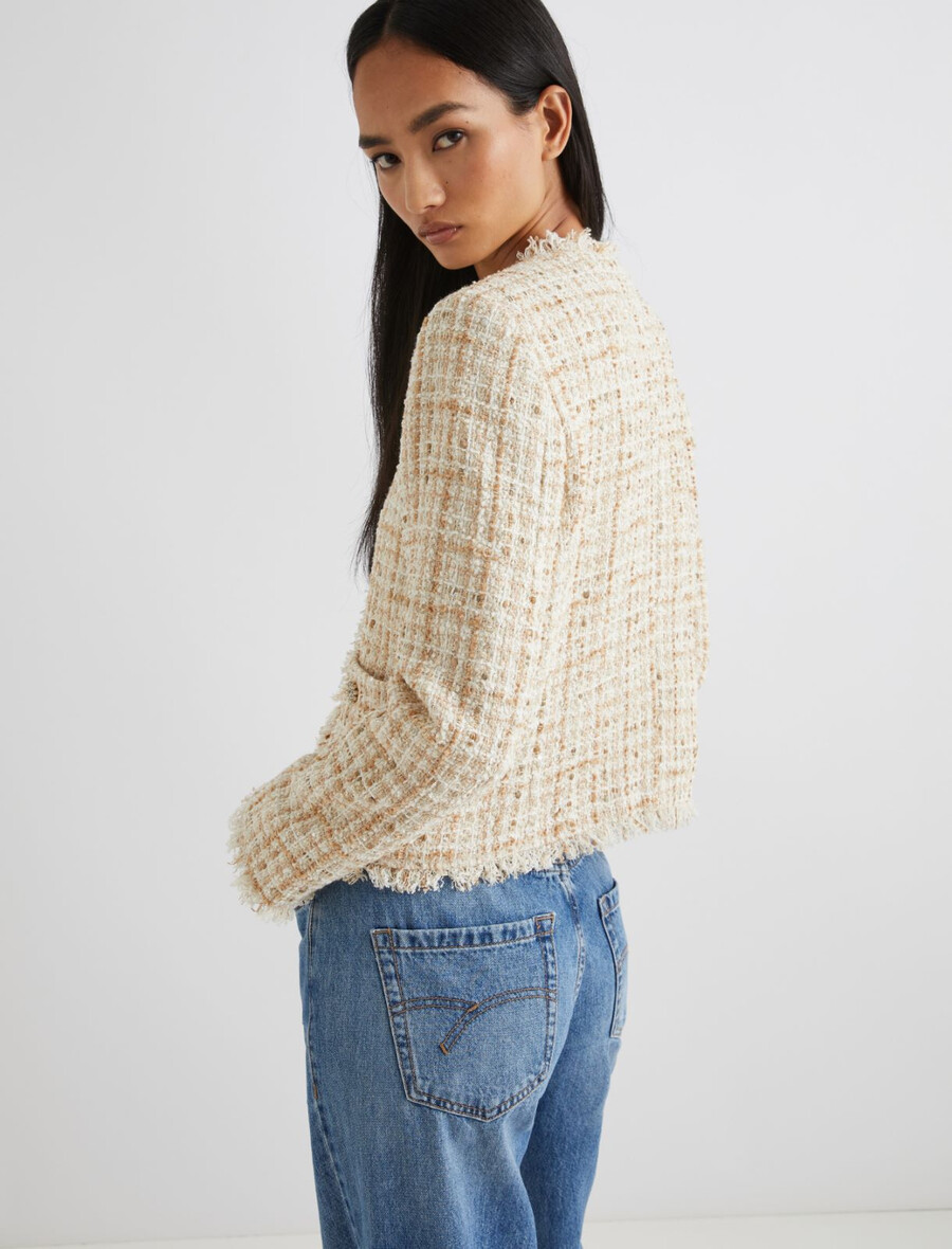 kurze paillettenbesetzte lamé-jacke – beige