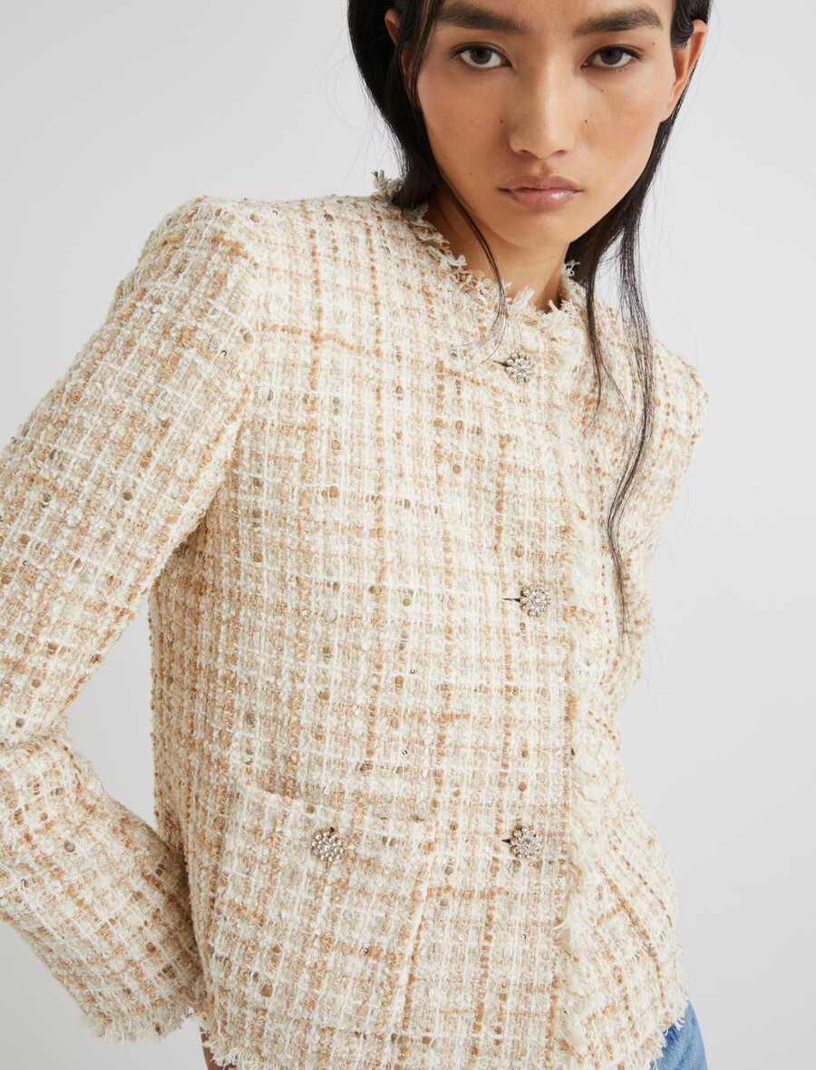kurze paillettenbesetzte lamé-jacke – beige
