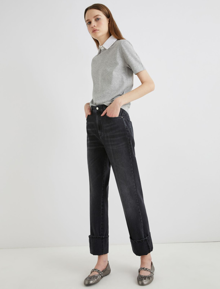 abgesteppte jeans mit weitem bein – schwarz