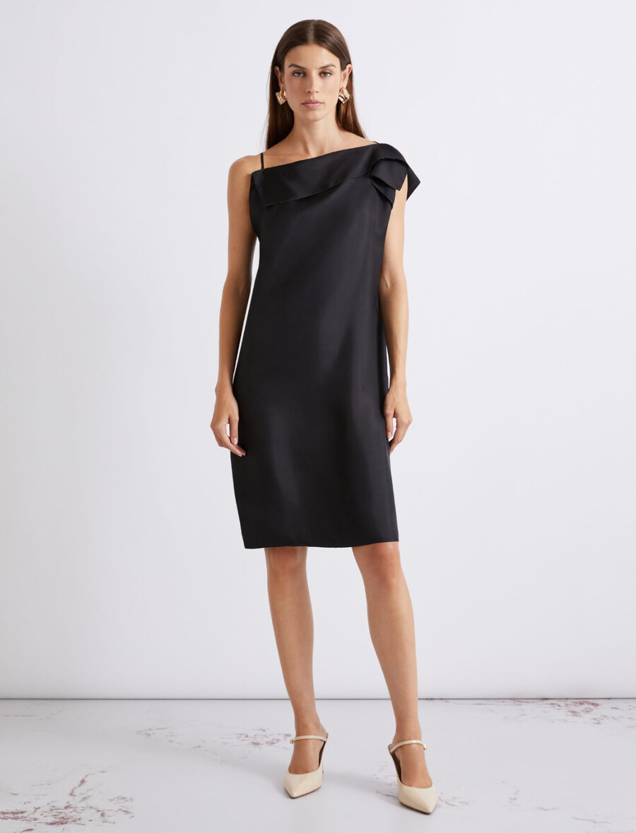 seidentwillkleid mit asymmetrischem ausschnitt - schwarz