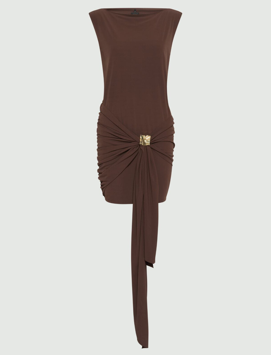 jersey-minikleid mit drapiertem gürteldetail - braun