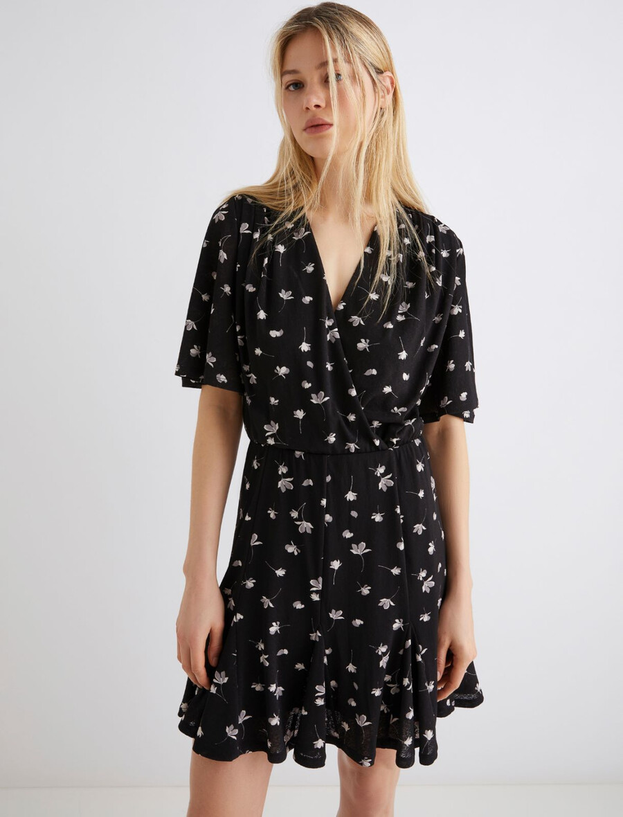 bedrucktes tülljerseykleid – schwarz