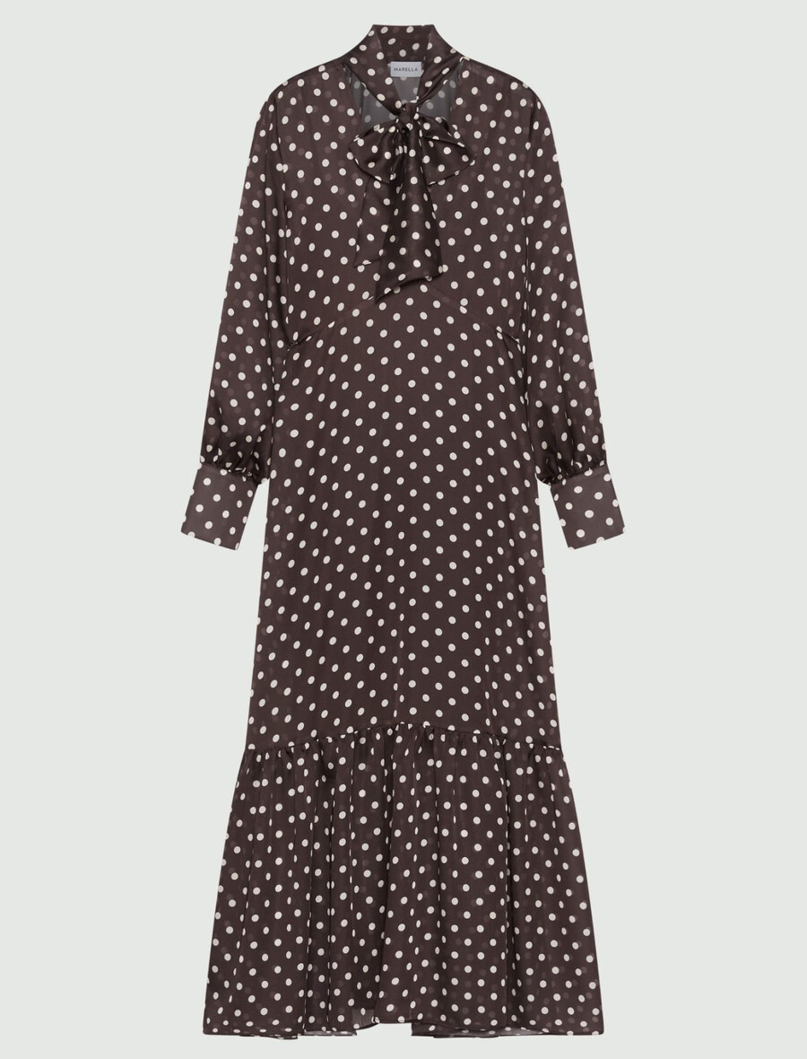 gepunktetes kleid mit halstuchdetail – schokolade