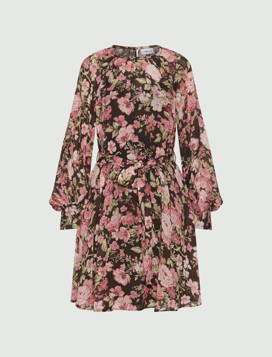kurzes geblümtes georgette-kleid – schokolade