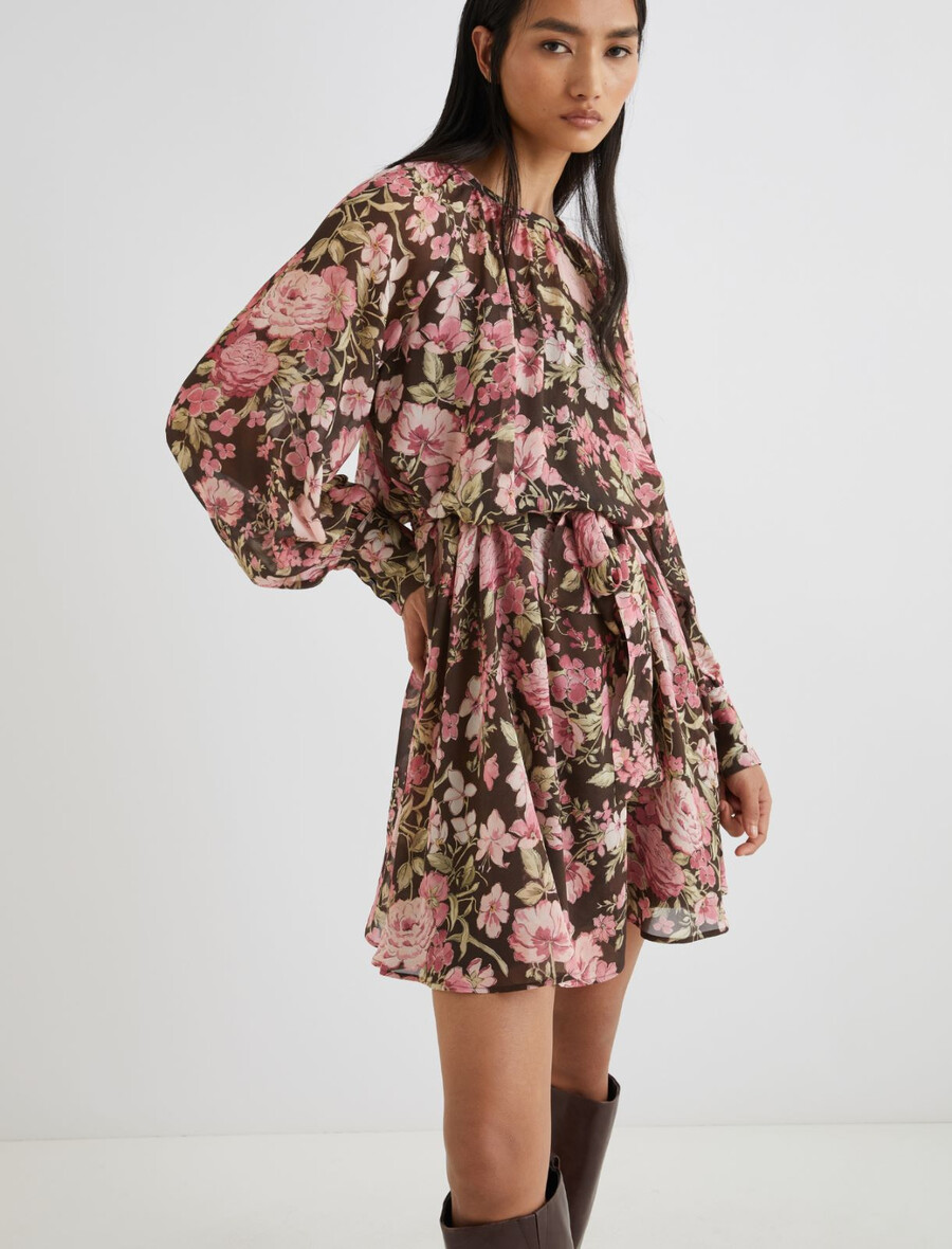 kurzes geblümtes georgette-kleid – schokolade