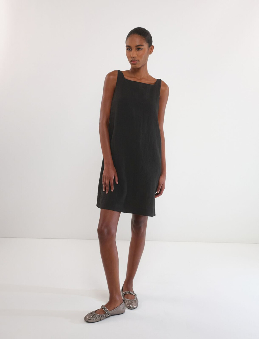 ausgestelltes kleid aus baumwolle und leinen - schwarz
