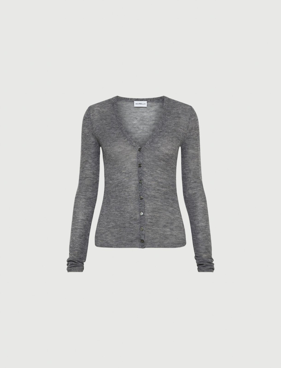 wollstrickjacke mit mikropailletten-details – melange grau