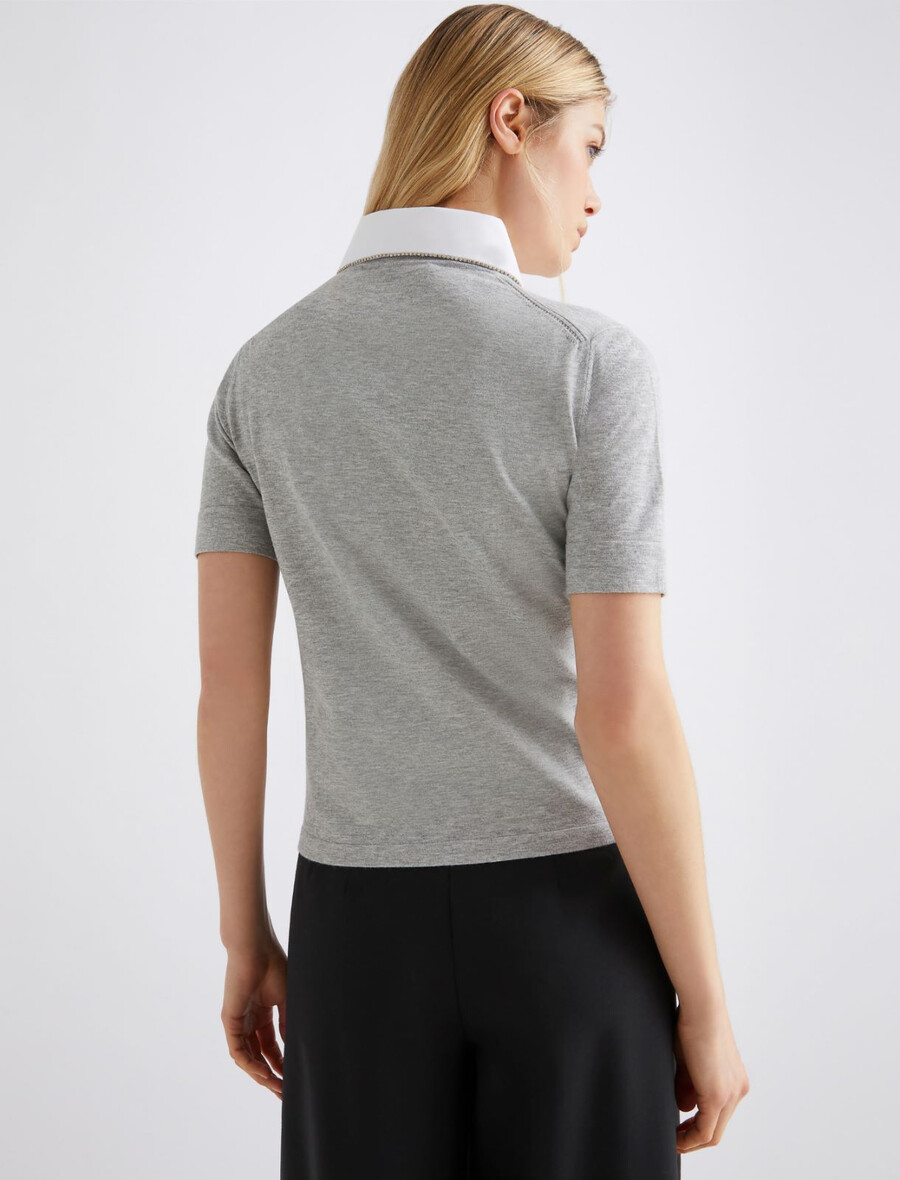 t-shirt mit abnehmbarem kragen und kristallverzierung – grau