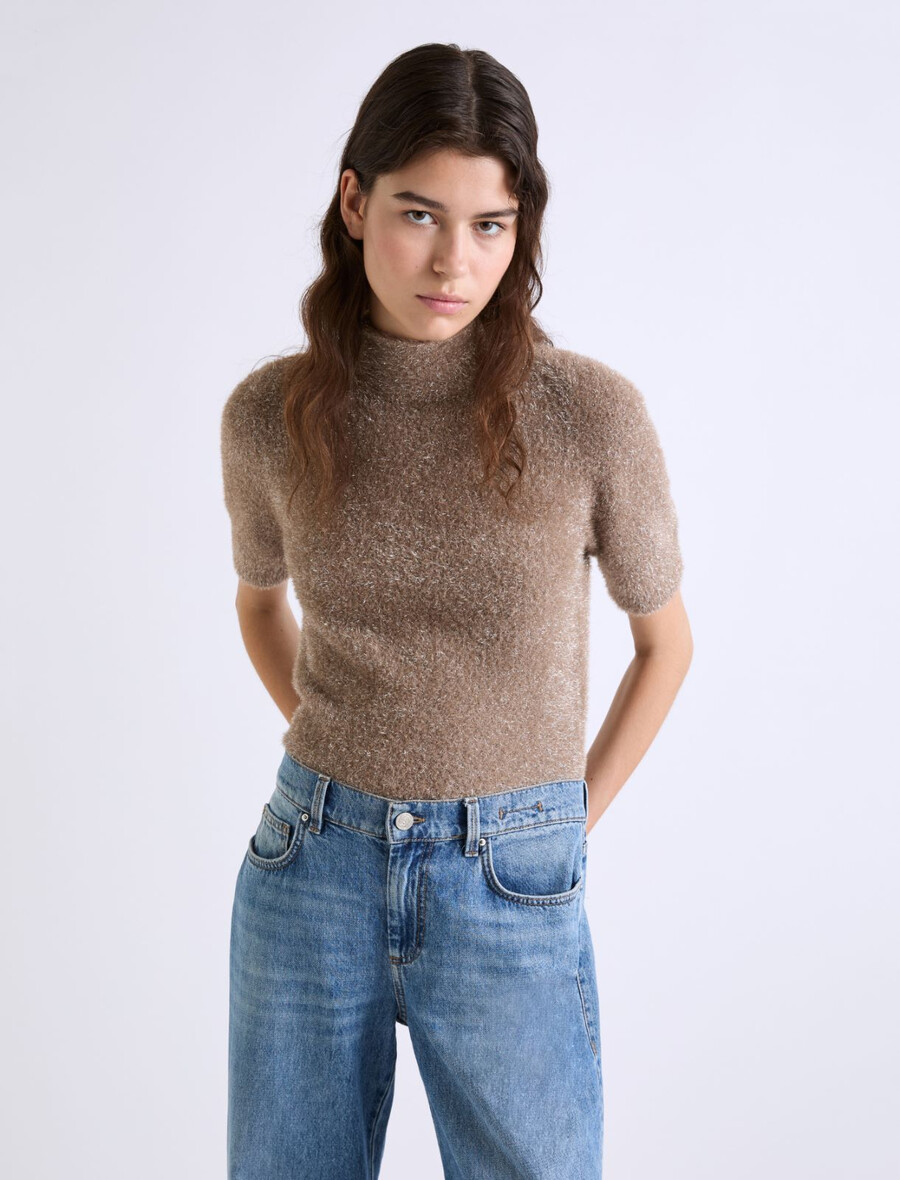 kurzärmeliger rollkragenpullover - cognac