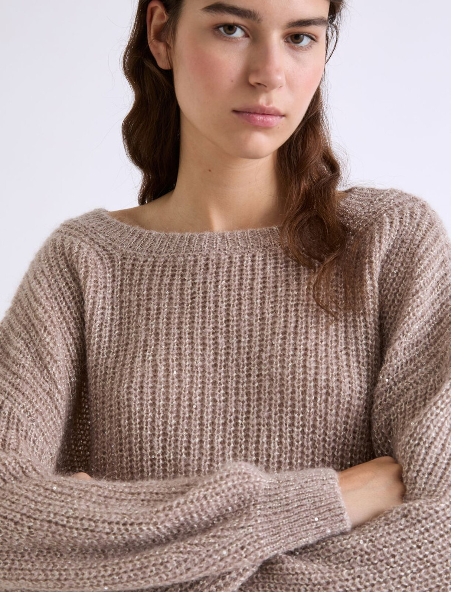 mit mikropailletten verzierter pullover aus mohairmischung - cognac