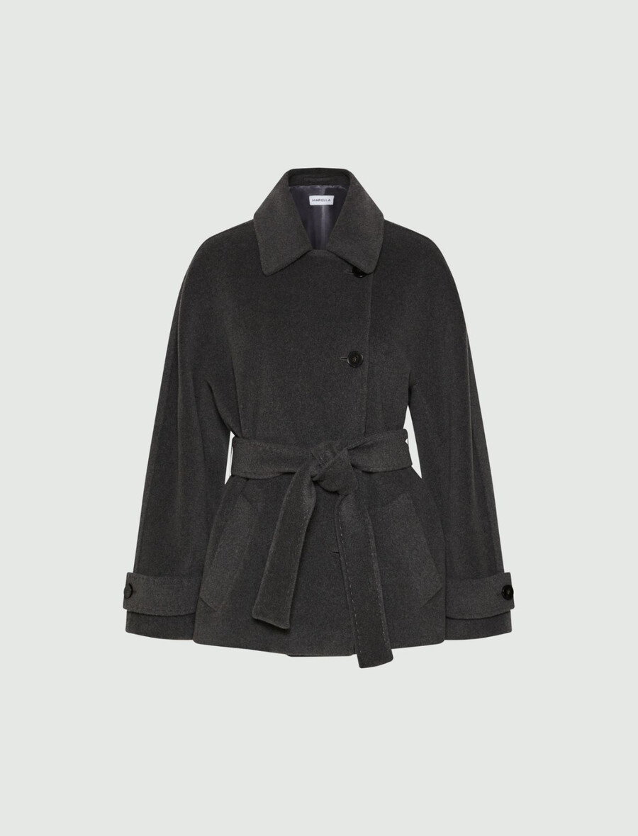 schwere jacke aus reiner wolle mit gürtel – melange grau