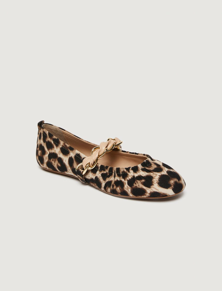 ballerinas aus stoff mit tiermuster und gewebten kettendetails – beige-schatten