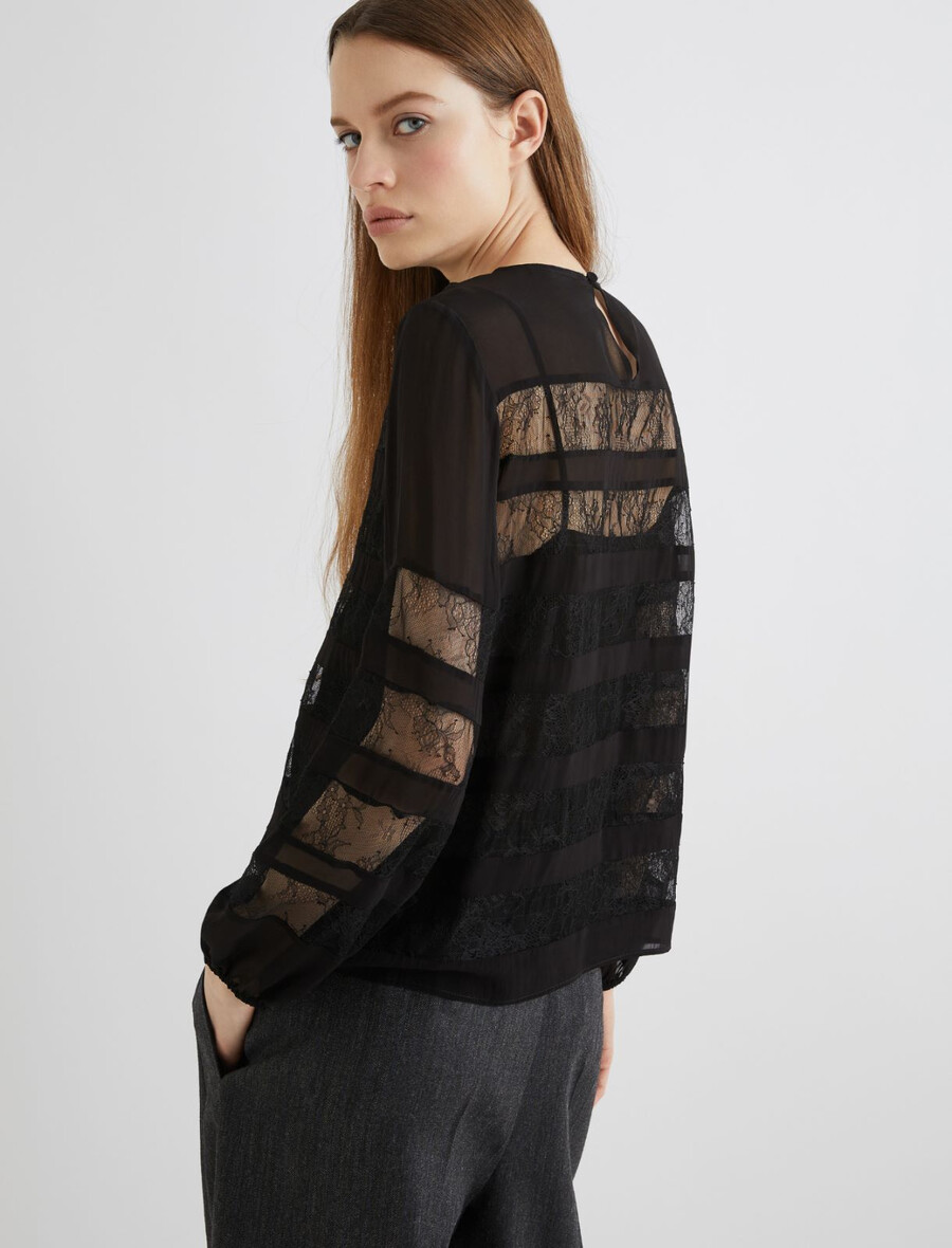georgette-bluse mit spitzendetails – schwarz