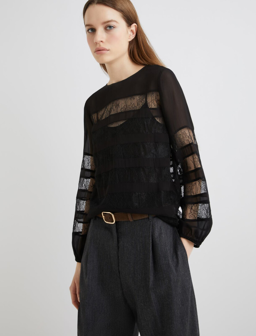 georgette-bluse mit spitzendetails – schwarz