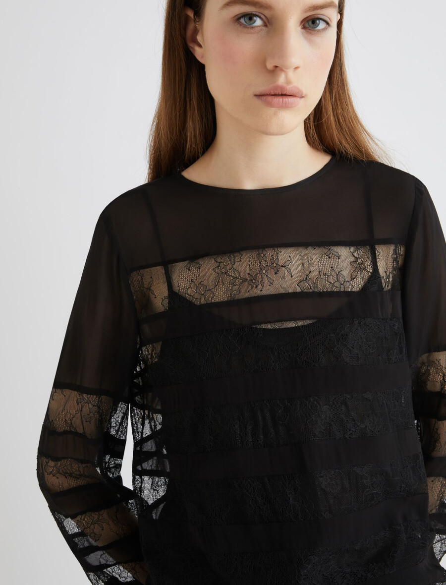 georgette-bluse mit spitzendetails – schwarz