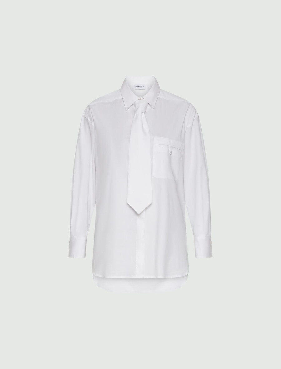 popelinebluse mit bindeband - weiss