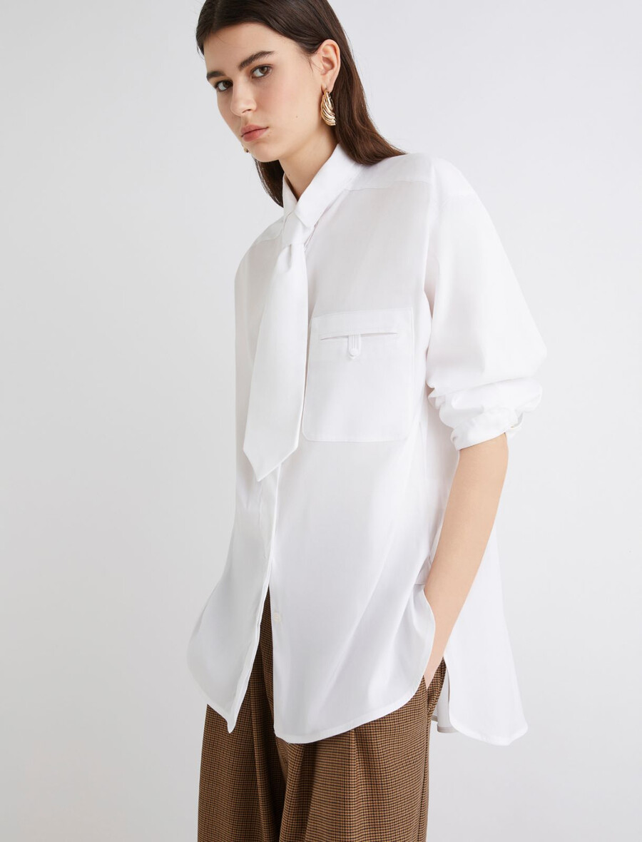 popelinebluse mit bindeband - weiss
