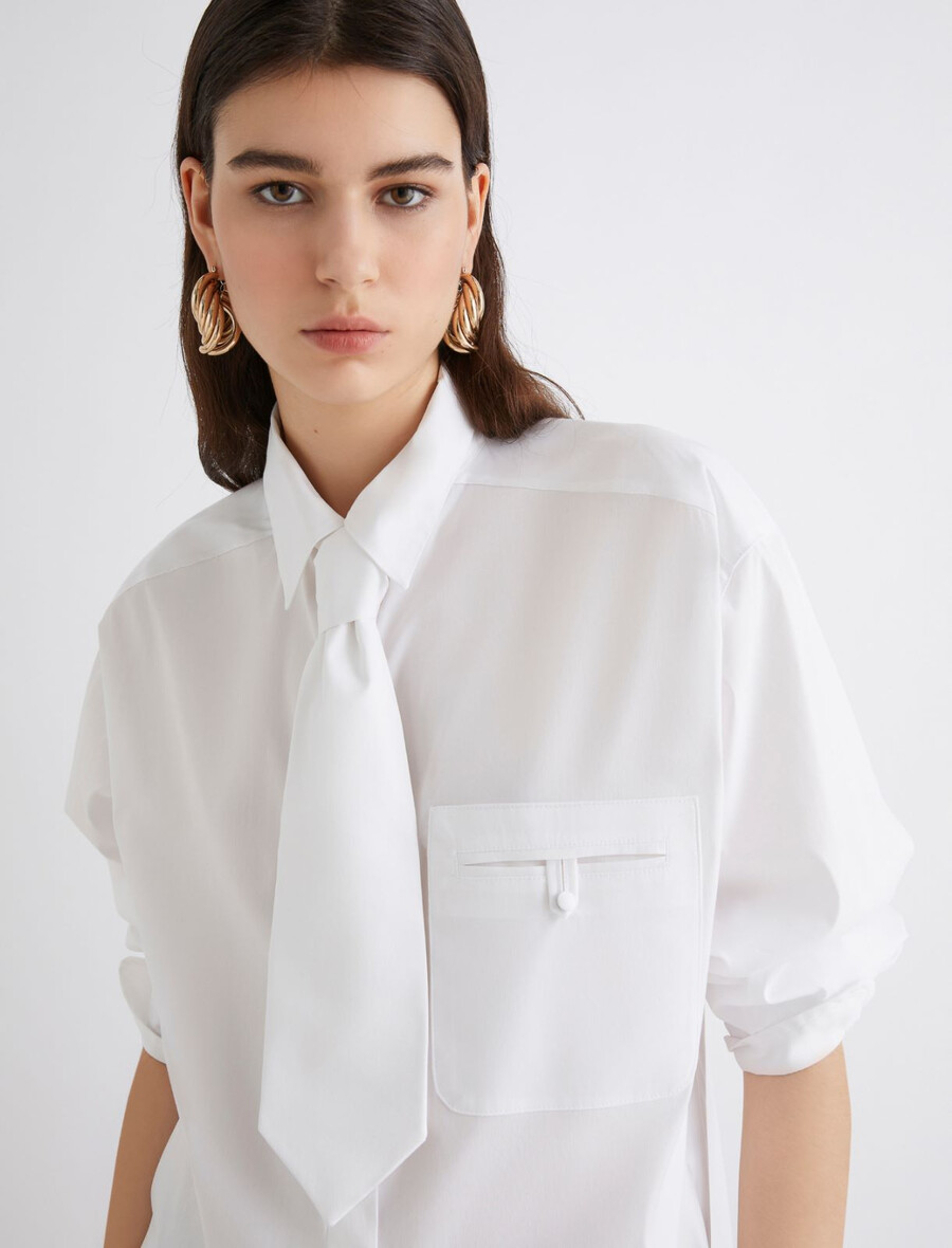 popelinebluse mit bindeband - weiss