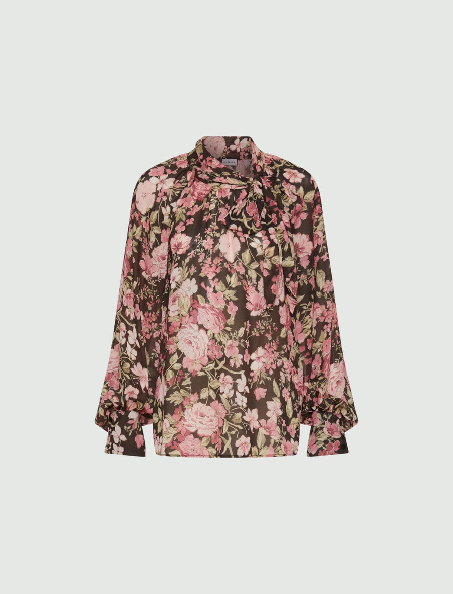 georgette-bluse mit halstuchdetail – schokolade