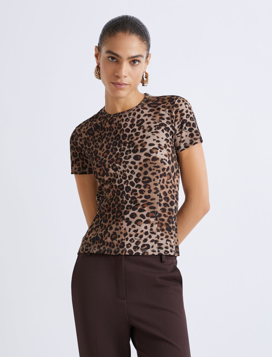t-shirt aus jersey mit tiermuster aus tüll - natur