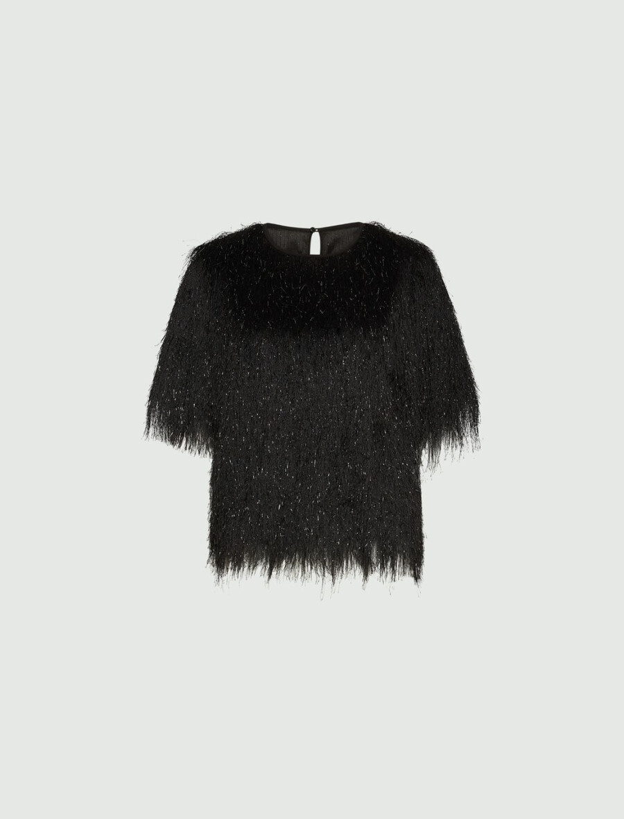 fransen-t-shirt aus jersey – schwarz